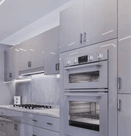 HG — High Glossy Gray cabinetry shown in an IQ+ catalog kitchen example