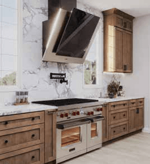 RW — Rustic Wood cabinetry shown in an IQ+ catalog kitchen example