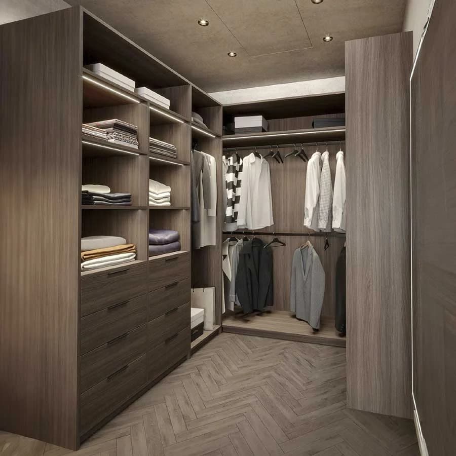 IQ+ custom closet system with organized shelving and drawers